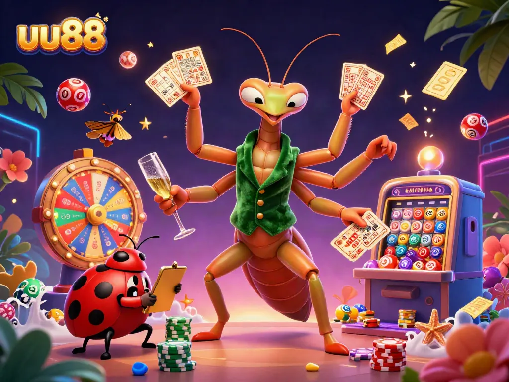 Experience the excitement of UU88's dynamic gaming with a giant mantis dealer in a casino.