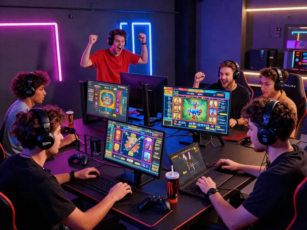 Exciting lumbung88 online gaming setup with gamers celebrating wins.