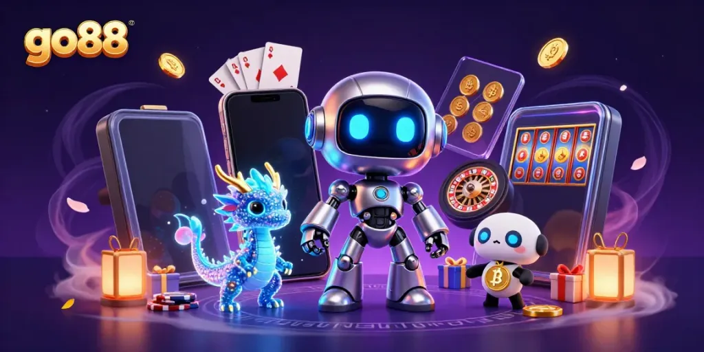 Engage with go88's thrilling gaming world, featuring a 3D cyberpunk robot, holographic dragon, and Bitcoin drone amid vibrant slot games and casino elements.