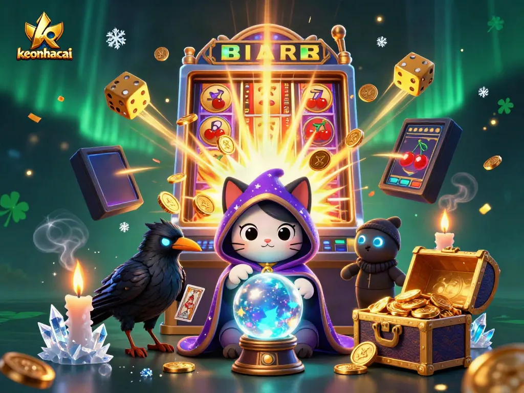 Engage with keonhacai through a vibrant 3D illustration of a fortune teller cat, slot machine jackpots, and cheerful gaming elements.