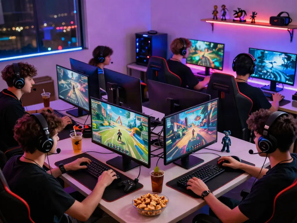 Engaged gamers immersing in garuda404 gameplay, showcasing vibrant community interactions and competitive setups.