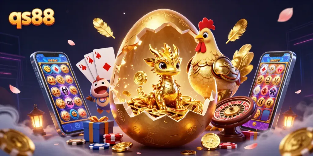 qs88 captures a golden dragon emerging from poker chips, symbolizing vibrant casino excitement.