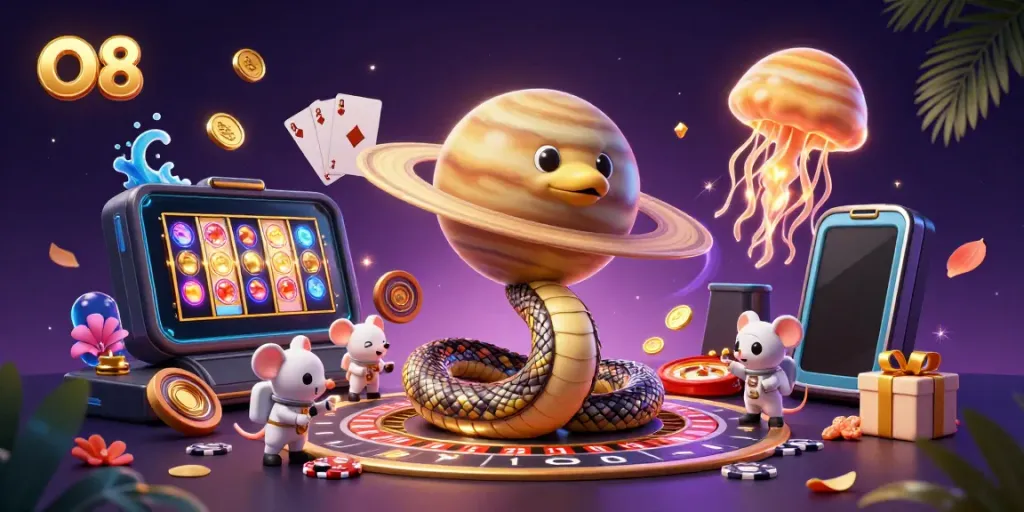 Experience thrilling bets with O8, featuring cartoon characters and vibrant slot games in a cosmic casino scene.