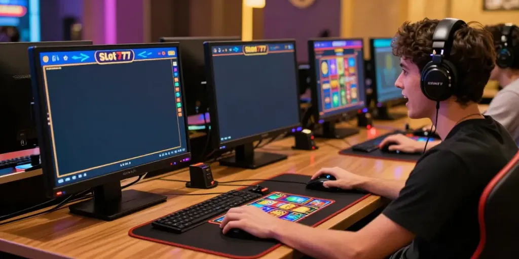 Exciting Slot777 gaming action from JERUKBET with vibrant visuals and gaming setup.