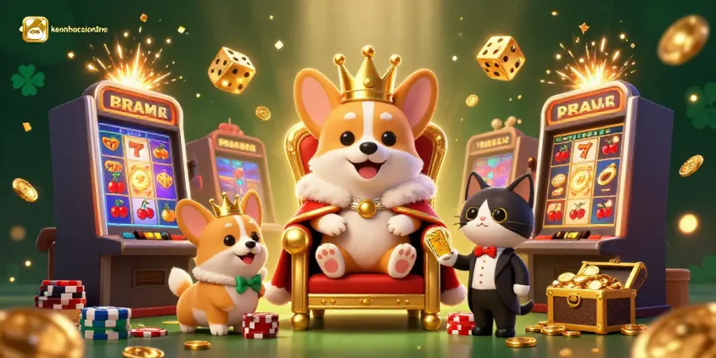 Cheerful royal corgi throne scene showcasing keonhacaionline's vibrant casino atmosphere.