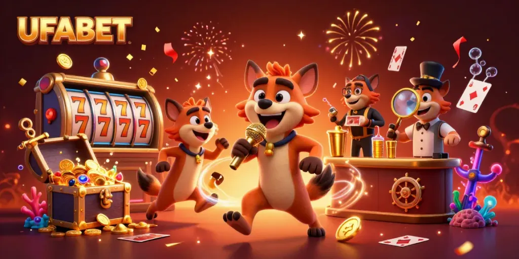 Experience a vibrant casino scene with hyena characters at UFABET, featuring slots and festive elements.