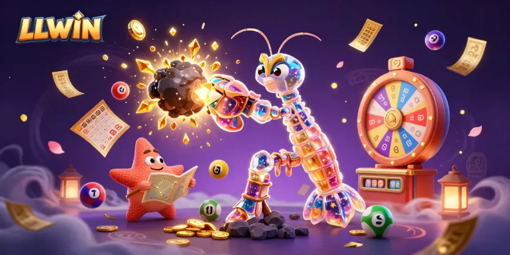 Experience exciting gameplay with LLWIN through colorful lottery balls and golden prizes in a vibrant casino scene.