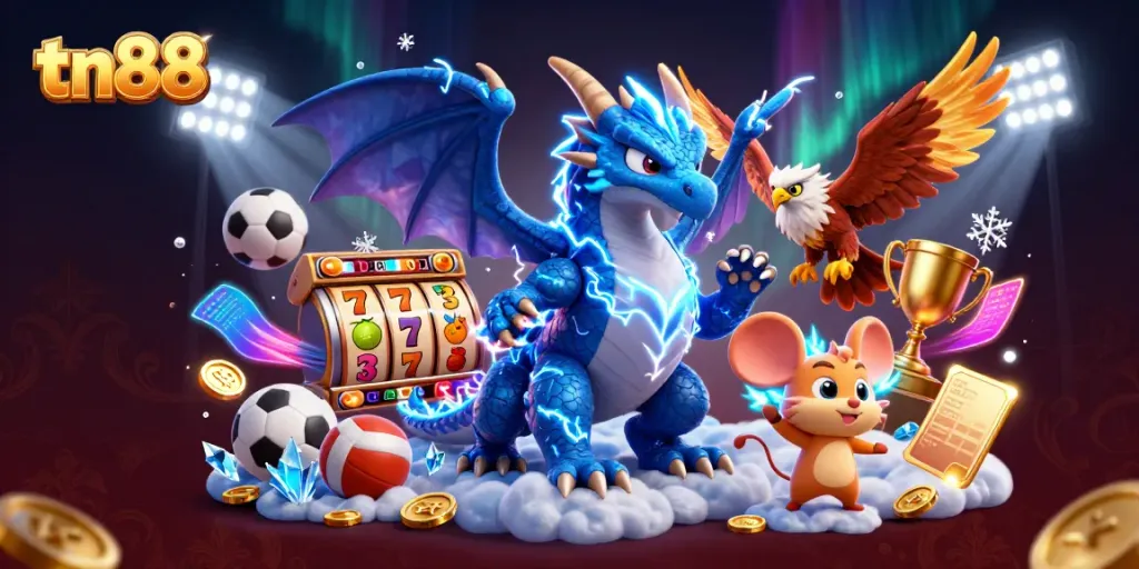 Engage with tn88 in a vibrant 3D casino illustration showcasing dynamic characters and slot game elements.