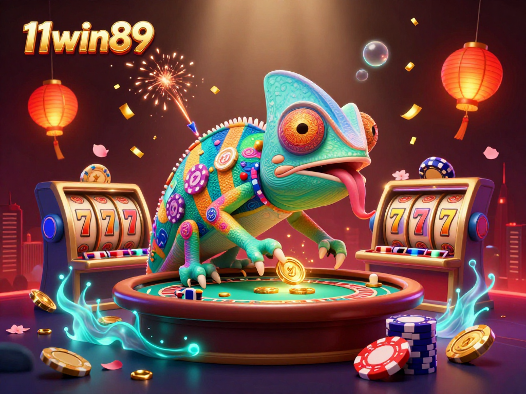 Engage in thrilling games at 11win89 with dynamic slot reels and a vibrant chameleon casino owner.