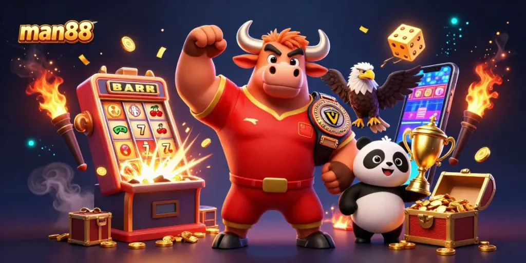 Win big with man88's thrilling slots and games, featuring a dynamic trio celebrating in 3D.