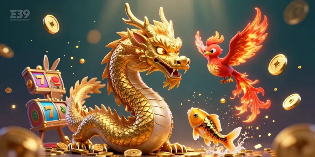 E39 is bringing luck with a golden dragon, phoenix, and koi fish surrounded by slot reels.