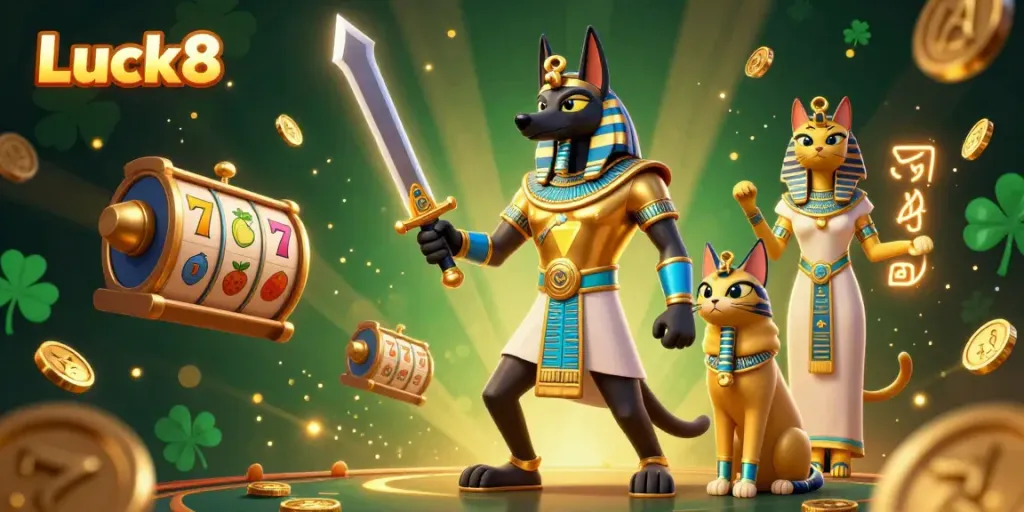 Experience thrilling gameplay at Luck8 with Anubis and Bastet in a vibrant casino setting.
