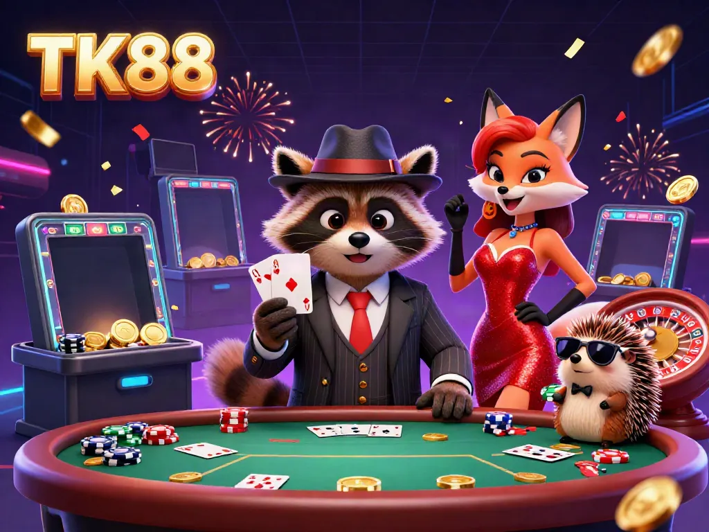 Experience high-stakes action with TK88 at an immersive casino scene featuring lively characters and vivid game elements.
