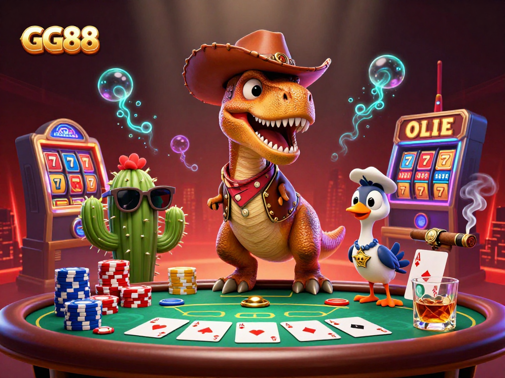 Experience the thrill of GG88 with our vibrant poker scene featuring a T-Rex, cactus, and roadrunner.