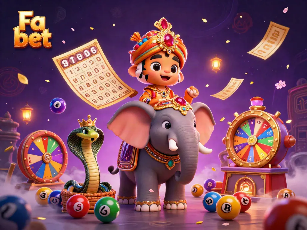 Win big with Fa bet while a majestic elephant and tiger celebrate with lottery elements.