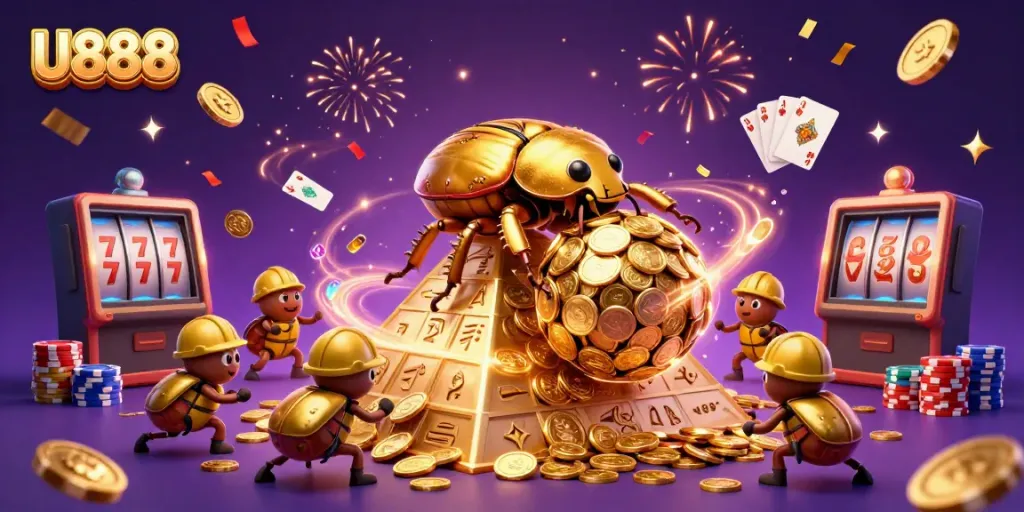 Experience thrilling wins at U888 with dynamic casino elements and a vibrant illustration.