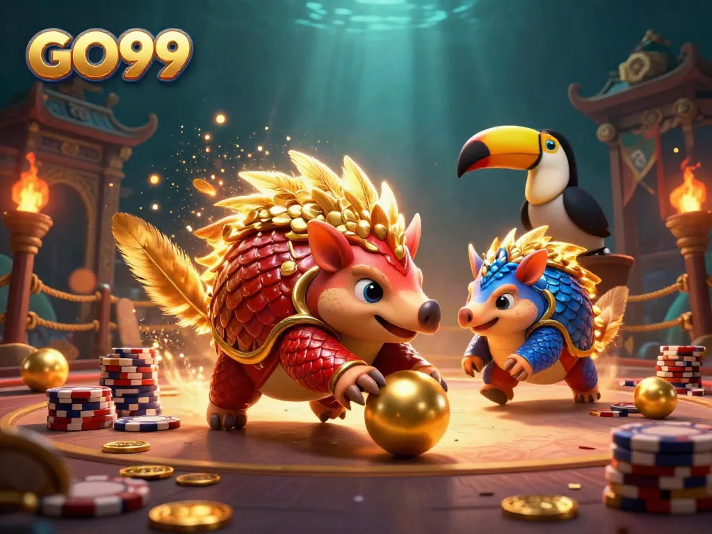 Rival pangolins playing GO99 amidst poker chips and vibrant casino elements.