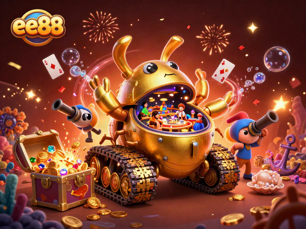 Engage with ee88's immersive digital casino universe featuring a golden beetle tank and vibrant elements.