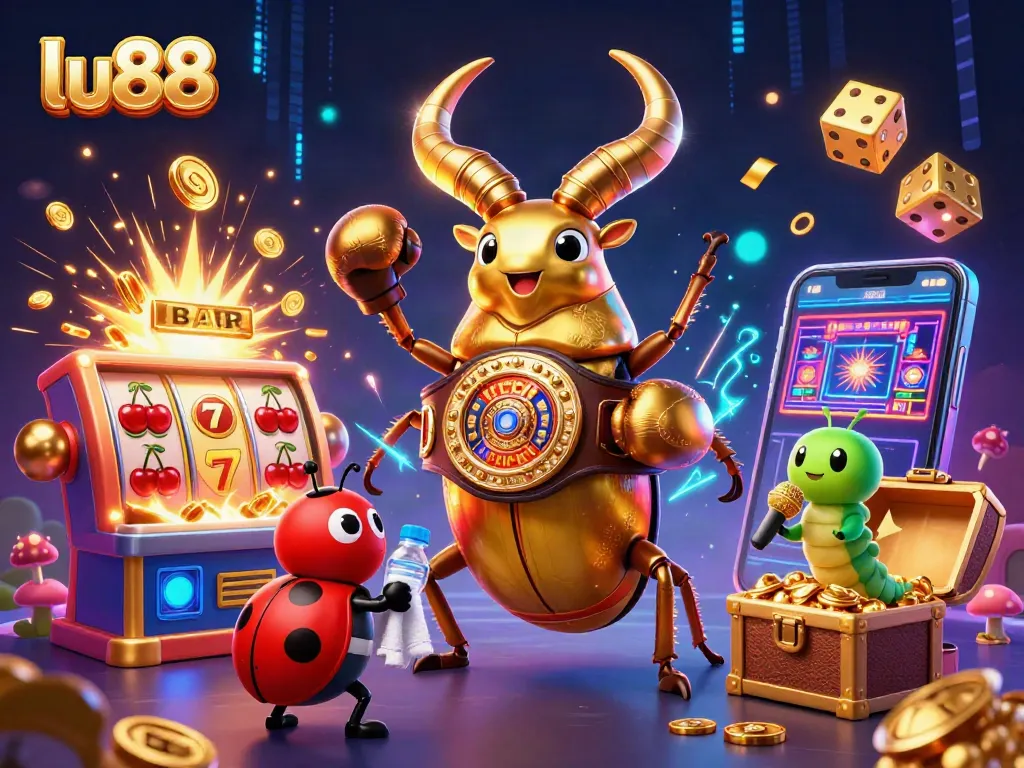 lu88's vibrant 3D casino scene showcasing a jackpot explosion and playful characters, emphasizing immersive gaming
