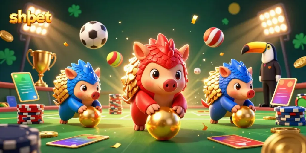 Experience thrilling gameplay at shbet with vibrant pangolins rolling through poker chips and dynamic sports elements.