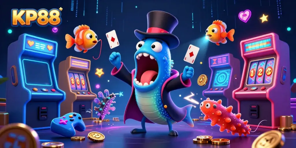 KP88 features a bioluminescent eel magician showcasing thrilling card tricks amidst vibrant casino elements.