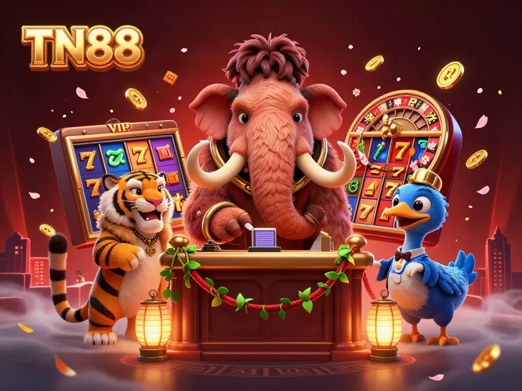 Experience the vibrant TN88 casino scene with a woolly mammoth bouncer, saber-tooth tiger guest, and dynamic slot elements.