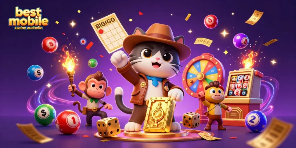 Experience the excitement of the best mobile casino Australia with a vibrant illustration of a cat archaeologist discovering treasures.