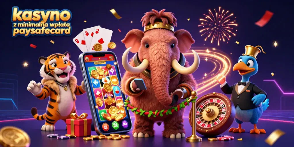 Experience the excitement of kasyno z minimalna wpłata paysafecard with colorful slot game reels and casino characters.