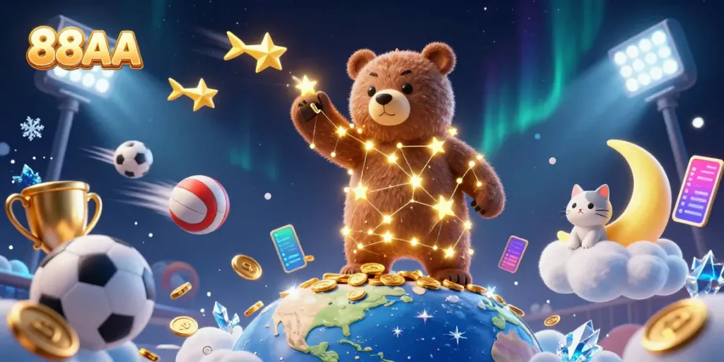 Join the excitement of 88AA with a constellation bear and dynamic sports elements in a vibrant 3D illustration.