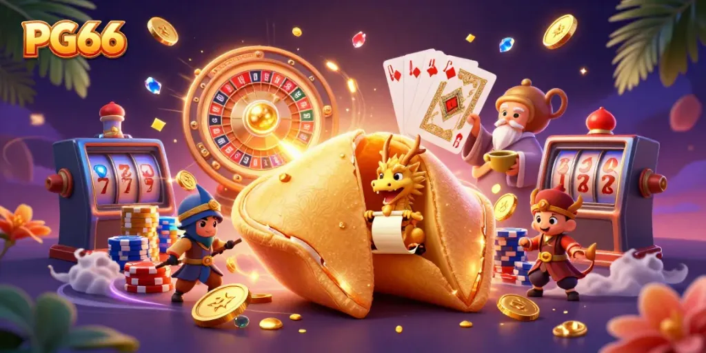 Experience thrilling gaming action at PG66 with a vibrant 3D casino scene full of lively characters and winning elements.