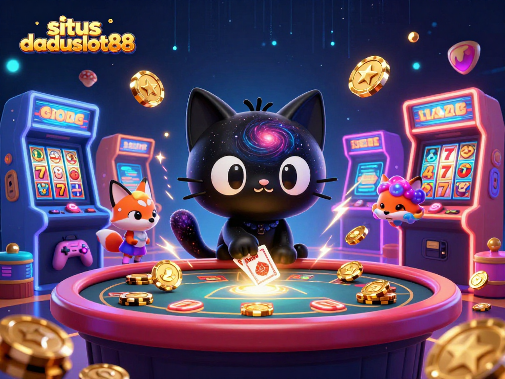 Permainan menarik di situs daduslot88 dengan kucing lubang hitam dan rubah nebula memberi warna pada meja kasino.