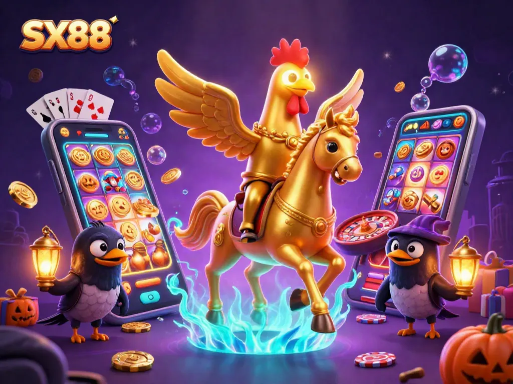 SX88 gaming illustration showcases a golden rooster riding a spectral horse amidst vibrant casino elements.