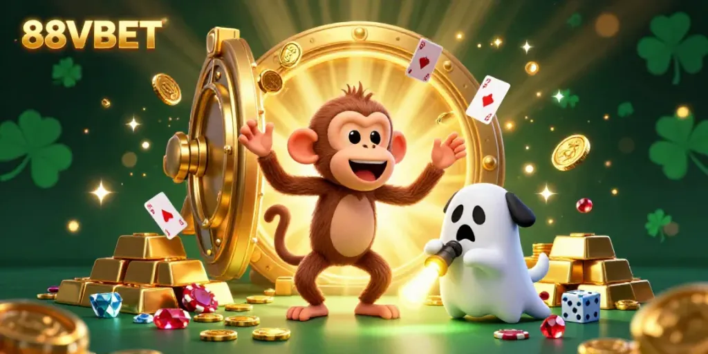 Engage with the vibrant world of 88VBET as a poltergeist monkey juggles golden treasures in a lively casino atmosphere.