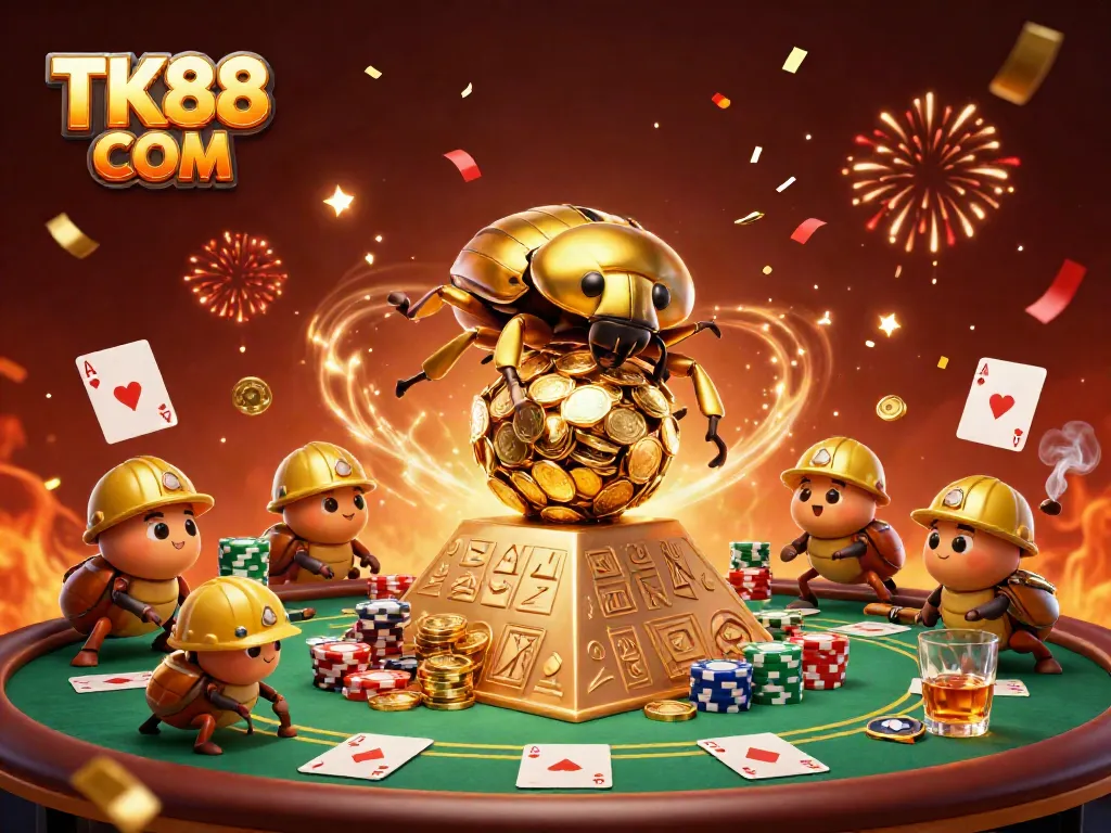 Engage in the vibrant casino world with TK88 COM as golden beetles and poker elements come to life.