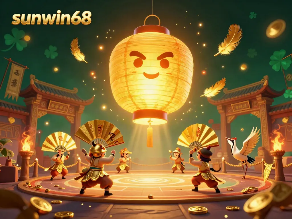 Embrace thrilling gaming at sunwin68 in a dynamic casino scene with rich golden elements and lucky symbols.