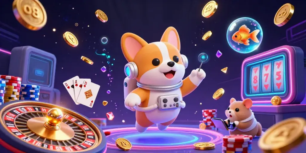 Engage with o8 gaming excitement featuring a playful astronaut corgi in a casino space scene.