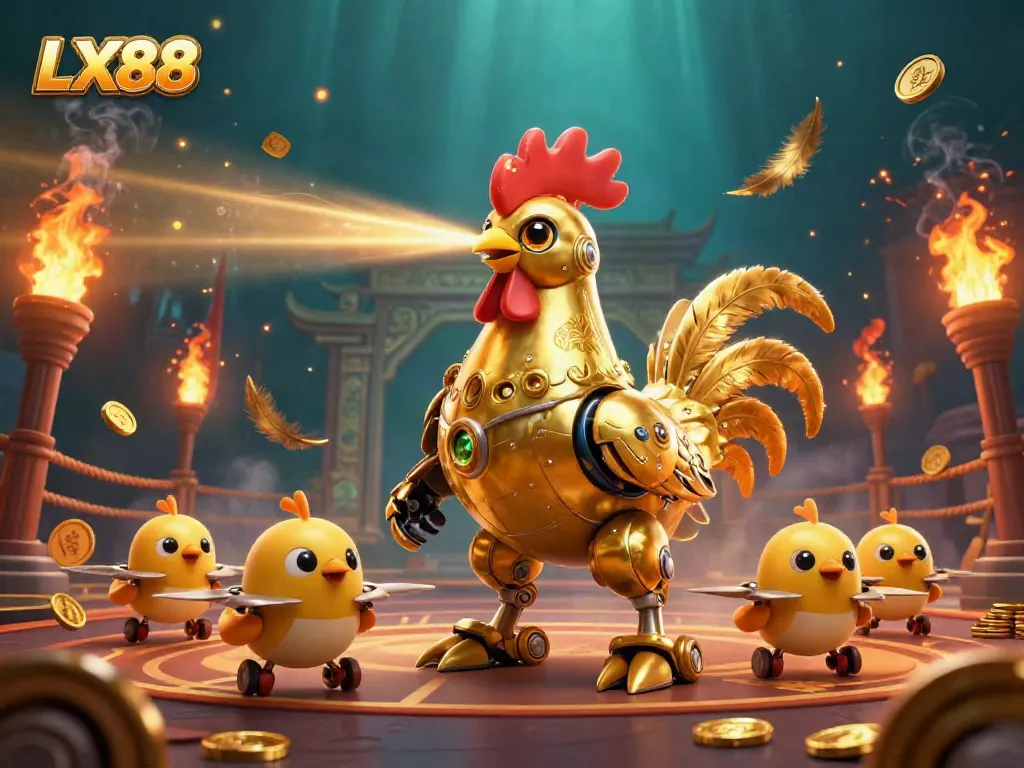 Engage with LX88's vibrant casino scene featuring a golden rooster robot and thrilling game elements.