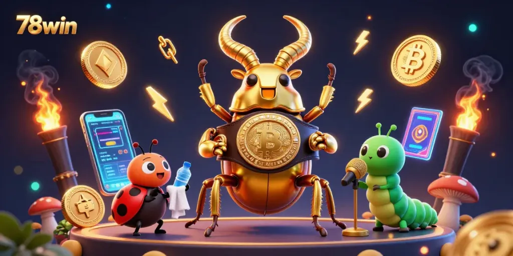 Engage in thrilling casino action with 78win featuring a vibrant 3D scene of crypto elements.