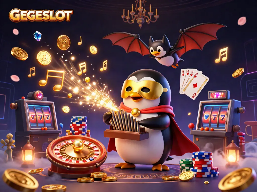 Experience the excitement of GEGESLOT with a lively illustration of a penguin organist amidst dazzling casino elements.