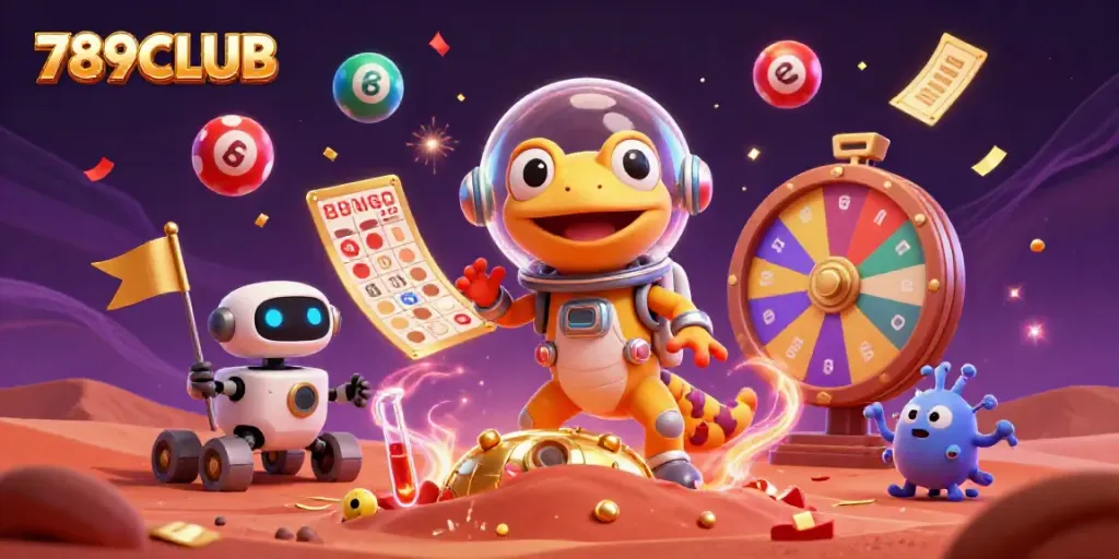 Engage in excitement at 789CLUB with a Martian gecko exploring a golden casino in a vibrant 3D illustration.