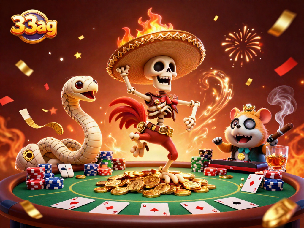 Celebrate wins at 33ag with a dynamic casino-themed illustration featuring vibrant characters.