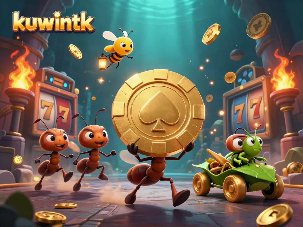 Engage in thrilling slots action with kuwintk's unique heist-inspired 3D ant characters.