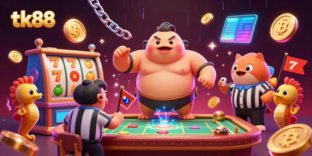 Experience the thrilling underwater casino of tk88 with a puffed-up fugu amidst vibrant game elements.
