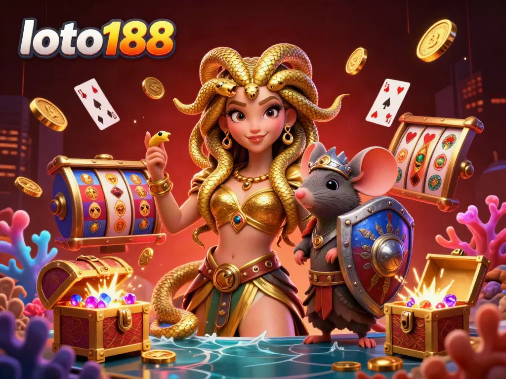 Experience the vibrant world of loto188 with Medusa and a warrior mouse in a lively online casino setting.