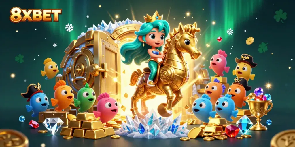 Engage with 8XBET's vibrant gaming world through a dynamic 3D scene featuring a mermaid on a seahorse amid treasure hunting elements.