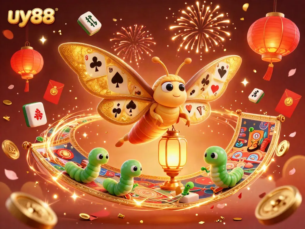 Experience the vibrant energy of uy88 as a golden moth oversees a casino celebration filled with joyful elements and rich colors.