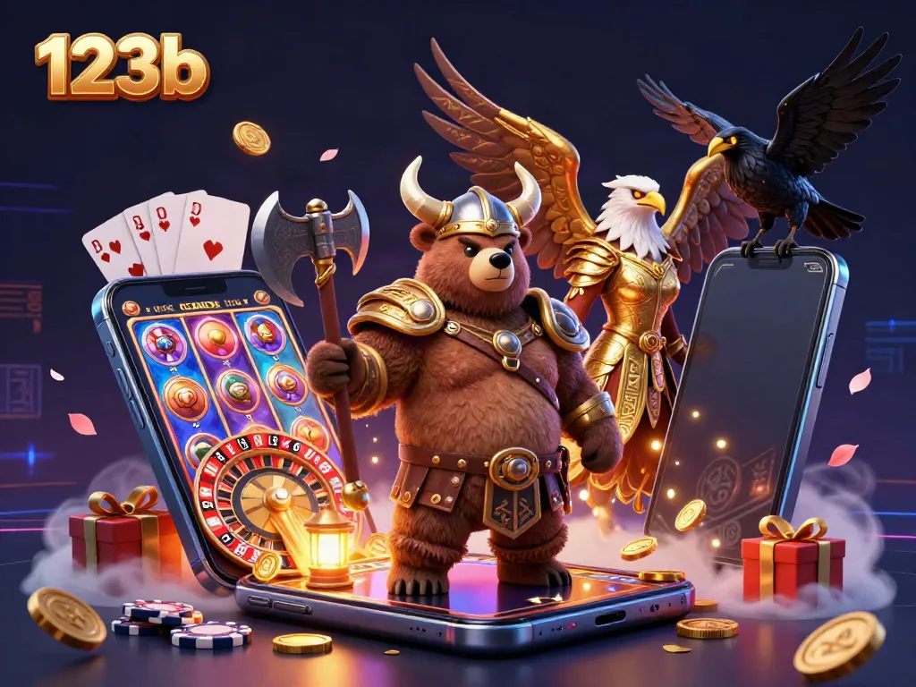 Experience thrilling gameplay at 123b with a Viking berserker and Valkyrie eagle amidst vibrant casino elements.