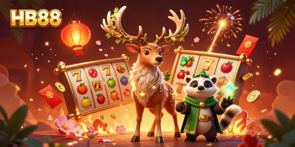 Experience the magic of HB88 with a vibrant 3D casino scene featuring mythical creatures and dynamic gaming elements.