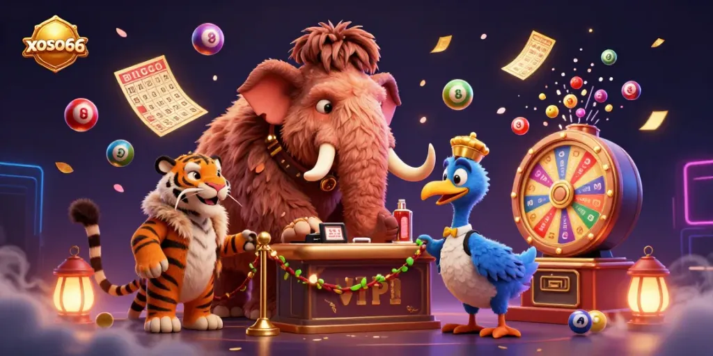 Experience the excitement of xoso66 with interactive lottery elements and vibrant casino characters.