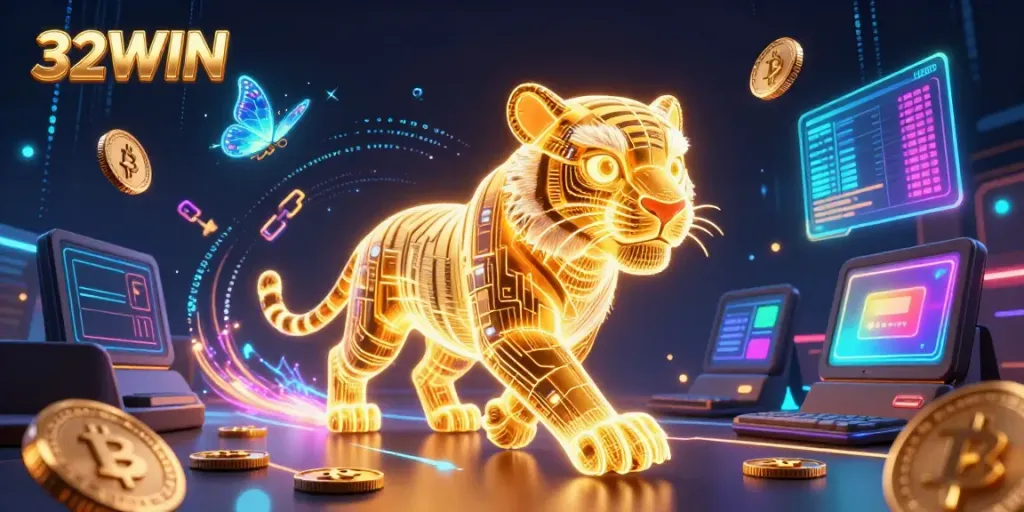 Witness the vibrant energy of 32WIN as the golden tiger prowls through a digital casino filled with neon crypto elements.